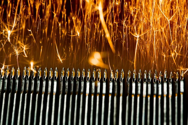 Sparks Fly Out Machine Metal Processing Needles Metallurgical Plant Background — Foto de Stock