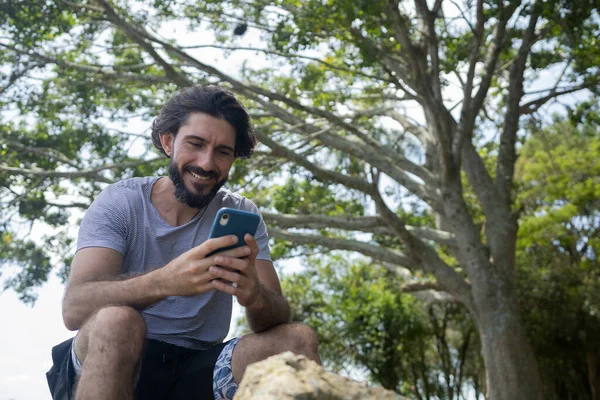 Güzel güneşli bir günde, cep telefonuyla parkta genç bir adam. Çalışmak ve rahatlamak için cep telefonu. Merkez ofis konsepti. Yeşil ve doğa geçmişi. Yüksek kalite fotoğraf