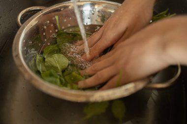 Mutfakta vejetaryen yemeği hazırlayan mutlu ve sağlıklı genç kadın yemeği. Yaprakları yıkıyorum. Yapraklı salata. Yüksek kalite fotoğraf. İyi, sağlıklı ve sağlıklı hissediyorum.. 