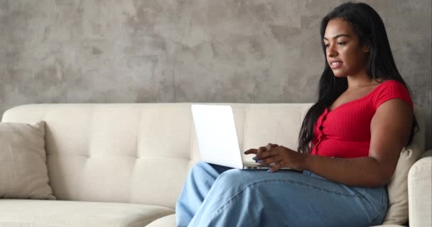 Joven Mujer Negra Trabajando Casa Con Portátil Regazo Sentado Sofá — Vídeos de Stock