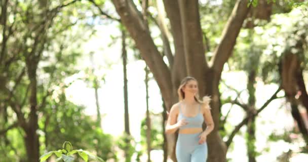 年轻女子在室外公园跑步和慢跑 运动中的女运动员 感觉好 健康的概念 高质量的录像 — 图库视频影像