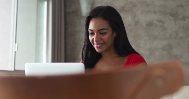 Jovem Mulher Trabalhando Casa Com Laptop Seu Sofá Sala Estar — Vídeo de Stock