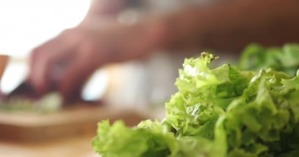 Frau Schneidet Salat Der Küche — Stockvideo