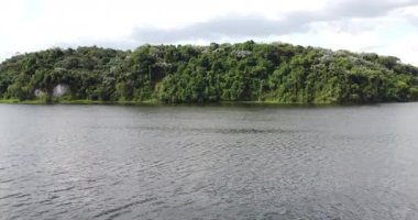 Güzel yeşil bir parkın insansız hava aracı manzarası. Devasa bir su kütlesi, yukarıdan gelen göl..