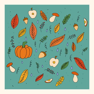 Yeşil ve beyaz arkaplanda renkli sonbahar nesneleri