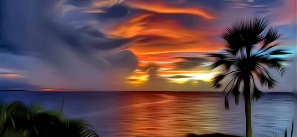 Vacker Tropisk Solnedgång Med Palmer Och Sol — Stockfoto