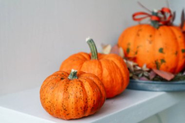 Beyaz bir tahtada üç portakallı Cadılar Bayramı kabağı