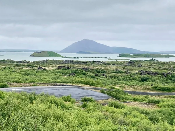 冰岛有湖泊、草地、石子和小山的神秘的Myvatn地区 — 图库照片