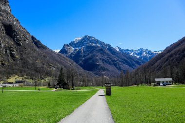 Sonogno, İsviçre, 10 numara. Nisan 2022: İsviçre 'nin Ticino şehrinde inşa edilmiş eski Rustico evlerinin bulunduğu Sonogno Tarihi Köyü