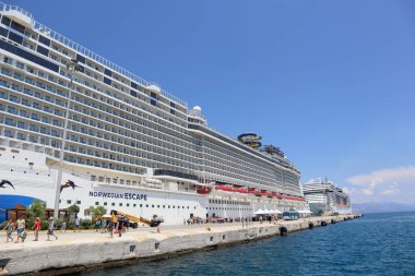 Corfu, Greece 15. June 2022: Two huge Cruise Ships ankering in the Harbour.