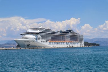 Corfu, Greece, 15. June 2022: A Big Cruise Ship ankering in the Harbour
