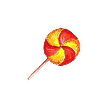 Sulu sarı turuncu lolipop. Tatlı sulu boya, beyaz arkaplanda izole edilmiş lezzetli illüstrasyon. Logo, paket tasarımı için elle çizilmiş elementler..