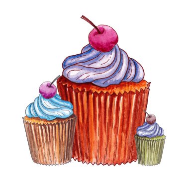 Tatlı suluboya, beyaz arka planda izole edilmiş lezzetli çizimler. Logo, paket tasarımı için el yapımı elementler. Toplama, set.