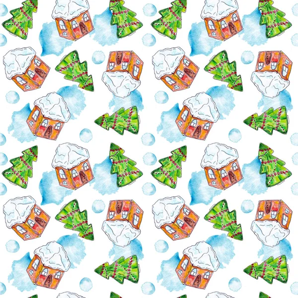 Christmas Seamless Pattern Gingerbread House Christmas Tree Snowballs — 图库照片