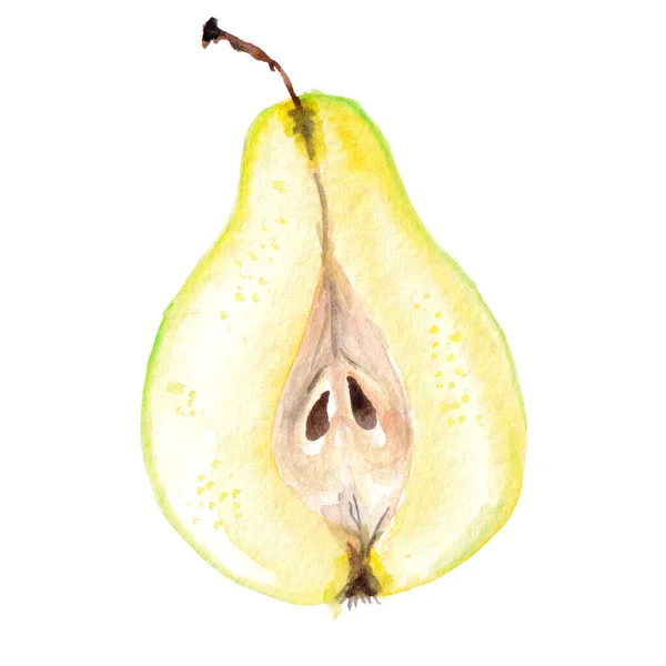 Green Pear Cut Half Profile View Yellow Flesh Seeds — Stockfoto
