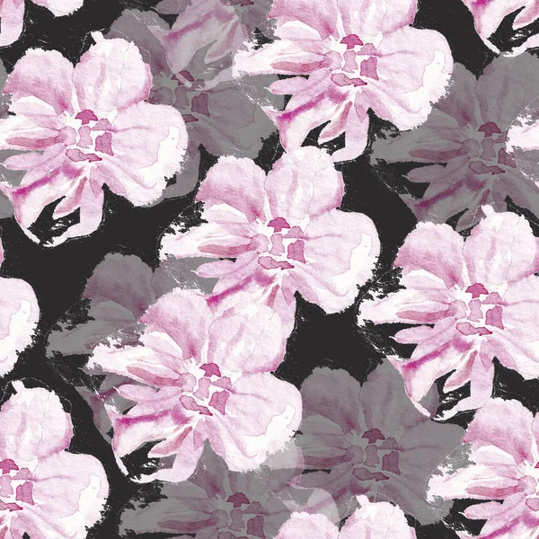 Isolated Seamless Pattern Pink Grey Flowers Black Background — Stockfoto