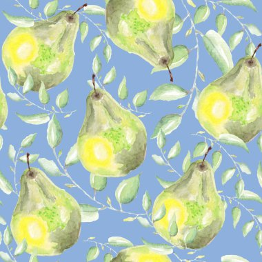 Yapraklı armut deseni. Mavi arka planda tam yeşil ve sarı armutlar. Çiçek deseni, set, koleksiyon