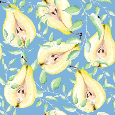 Yapraklı armut deseni. Yeşil ve sarı armutları kes, mavi arka planda yarımlar. Çiçek deseni, set, koleksiyon