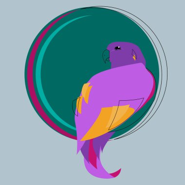 Resim, ikon, yeşil bir dairede stilize edilmiş mor bir papağan logosu. Vektör