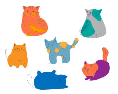 Şirin kediler vektör seti çiziyor. Çizgi film kedileri karakter tasarım koleksiyonu farklı pozlarda düz renkli.