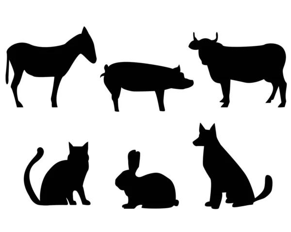 Pets Set Black Silhouette Isolated Vector — Image vectorielle