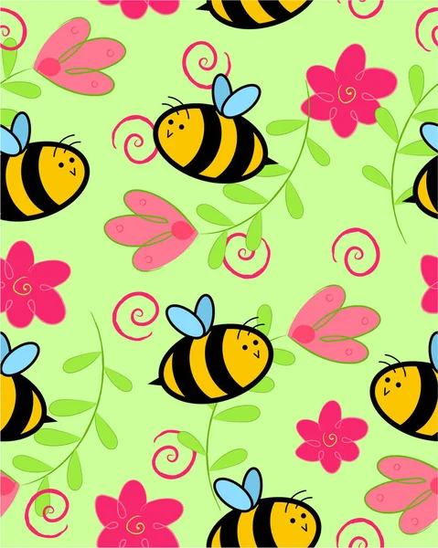 Pattern Bee Cute Flowers — Stockvektor