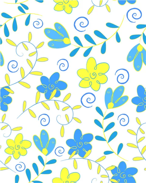 Pattern Blue Yellow Flowers Leafs — 스톡 벡터