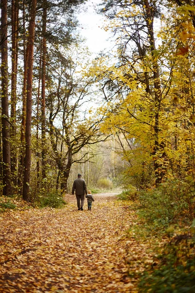 Een Vader Zijn Jonge Zoon Wandelen Door Een Bospad Bedekt — Stockfoto