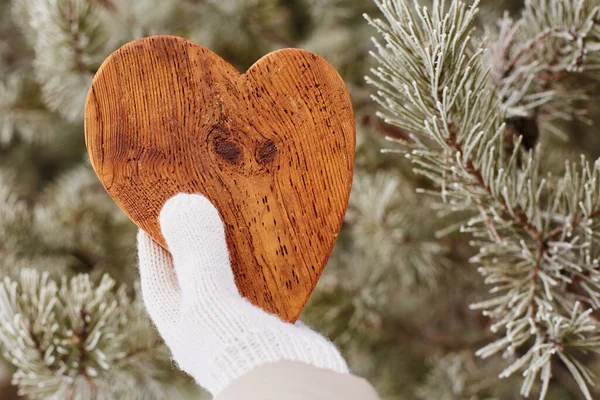 Tahta kalp, pürüzlü bir yüzey, yakın yakın, bir uzanmış kadın eli, bir kış ormanı çam dalları arasında