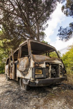 Terk edilmiş yanan bir kamyonet, tamamen harap bir ormanın yanında.