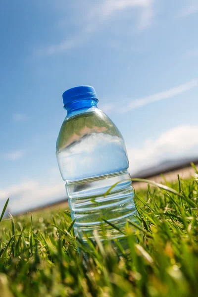 Botol Kecil Air Mineral Rumput Dipangkas — Stok Foto