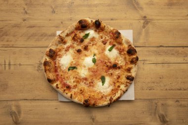 Tipik Napoli margherita pizzası. Domates, mozzarella, taze fesleğen, tuz ve yağdan yapılmış bufalo peyniri..