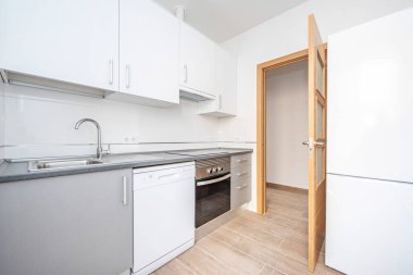 Beyaz ve gri mobilyalı mutfak ve kiralık bir dairede meşe ağacından kapısı olan aletler.