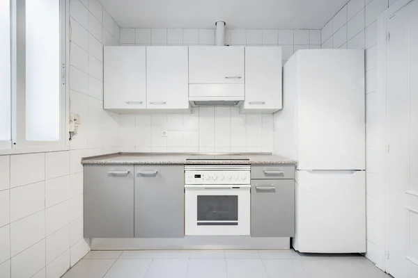度假租住公寓内有白色花岗岩台面 冰箱及抽水机盖的灰白色厨房橱柜的前景 — 图库照片