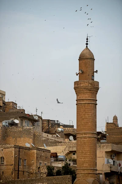 Minareto Terra Calcarea Della Moschea Turca Tramonto Con Uccelli Volo — Foto Stock