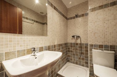 Beyaz toprak takımlı tuvaletler, kahverengi ve mavi fayanslar ve bir köşede duş.