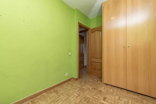 Wohnzimmer Mit Schlicht Grün Gestrichenen Wänden Einbauschrank Mit Zwei Holztüren — Stockfoto