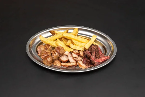 Asado Assorted Meats Chorizos Homemade Chips Stainless Steel Plate — Stock Photo, Image