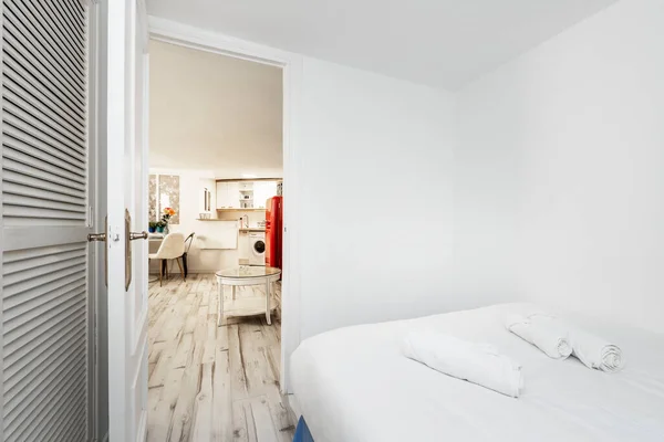 Bedroom Double Bed Rolled Towels Wardrobe Wooden Venetian Doors — стокове фото