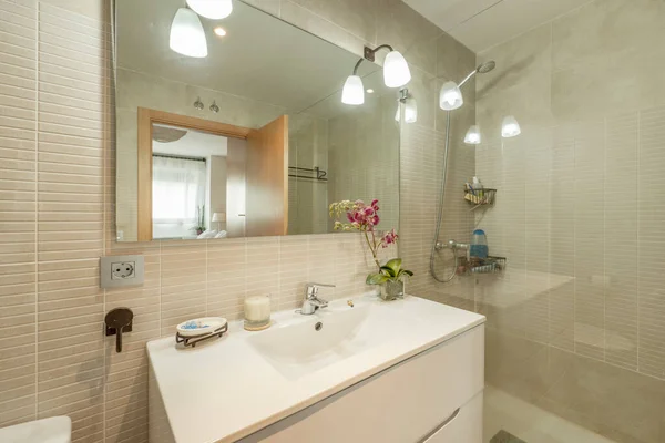 Bathroom Frameless Mirror Lamps Glass Shades Flower One Corner Shower — Zdjęcie stockowe