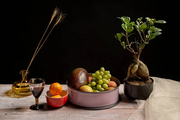 Still Life Fruits Drinks Plants Wooden Table — Photo