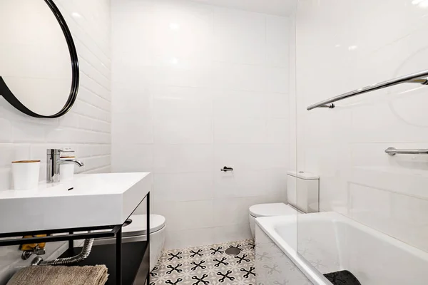 Bathroom White Porcelain Sink Black Metal Cabinet Matching Circular Mirror — Stock Fotó