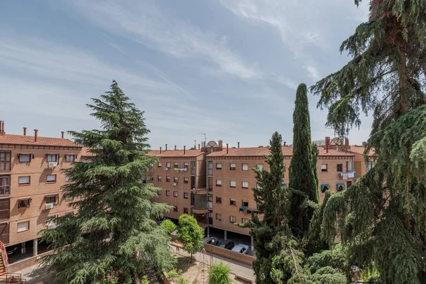 Fachadas Edificios Residenciales Ladrillo Rojo Árboles Frondosos Entre — Foto de Stock