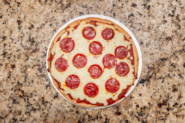 Pepperoni Pizza Top View Image Marble Table —  Fotos de Stock