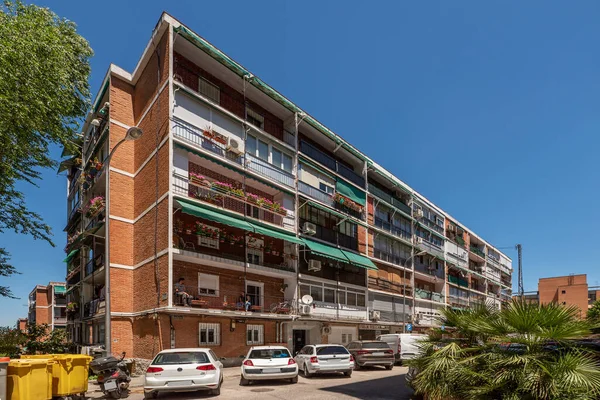 Facades Urban Residential Buildings Clay Bricks Closed Open Balconies Terraces — 스톡 사진