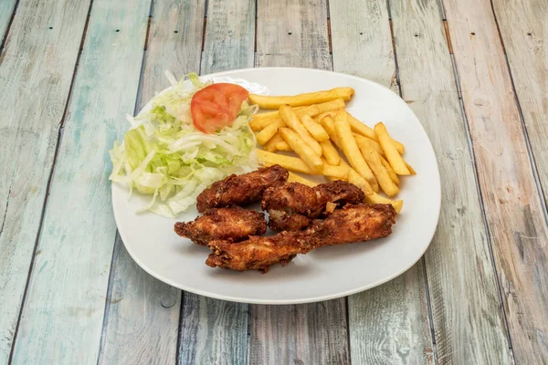 Menu Plate Fried Chicken Wings Salad Tomato French Fries Served — 스톡 사진