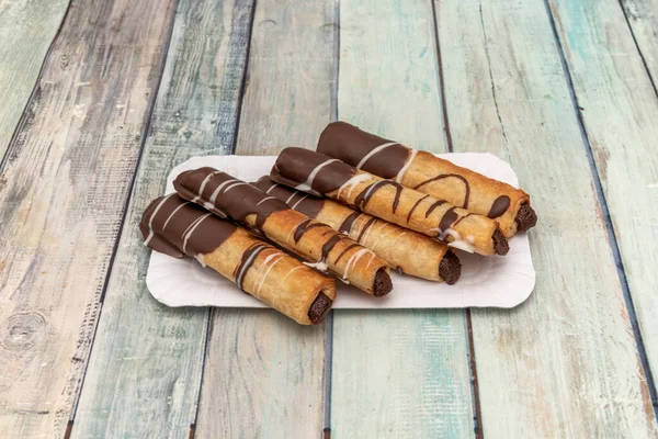 Chocolate Flutes Dessert Chocolate Filling Melted Chocolate Coating White Cardboard — Stock Photo, Image