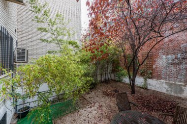 A patio with trees full of fallen leaves and a wooden table with matching chairs