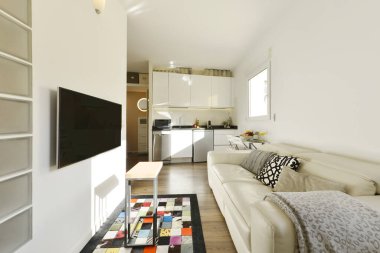 Beyaz deri koltuklu stüdyo odası, açık mutfak, açık renkli dekorasyon malzemeleri ve arka planda yatak odası.