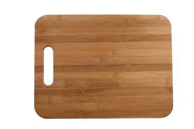 Beyaz arka planda tahtadan kesme tahtası. Üst Manzara. İzole et